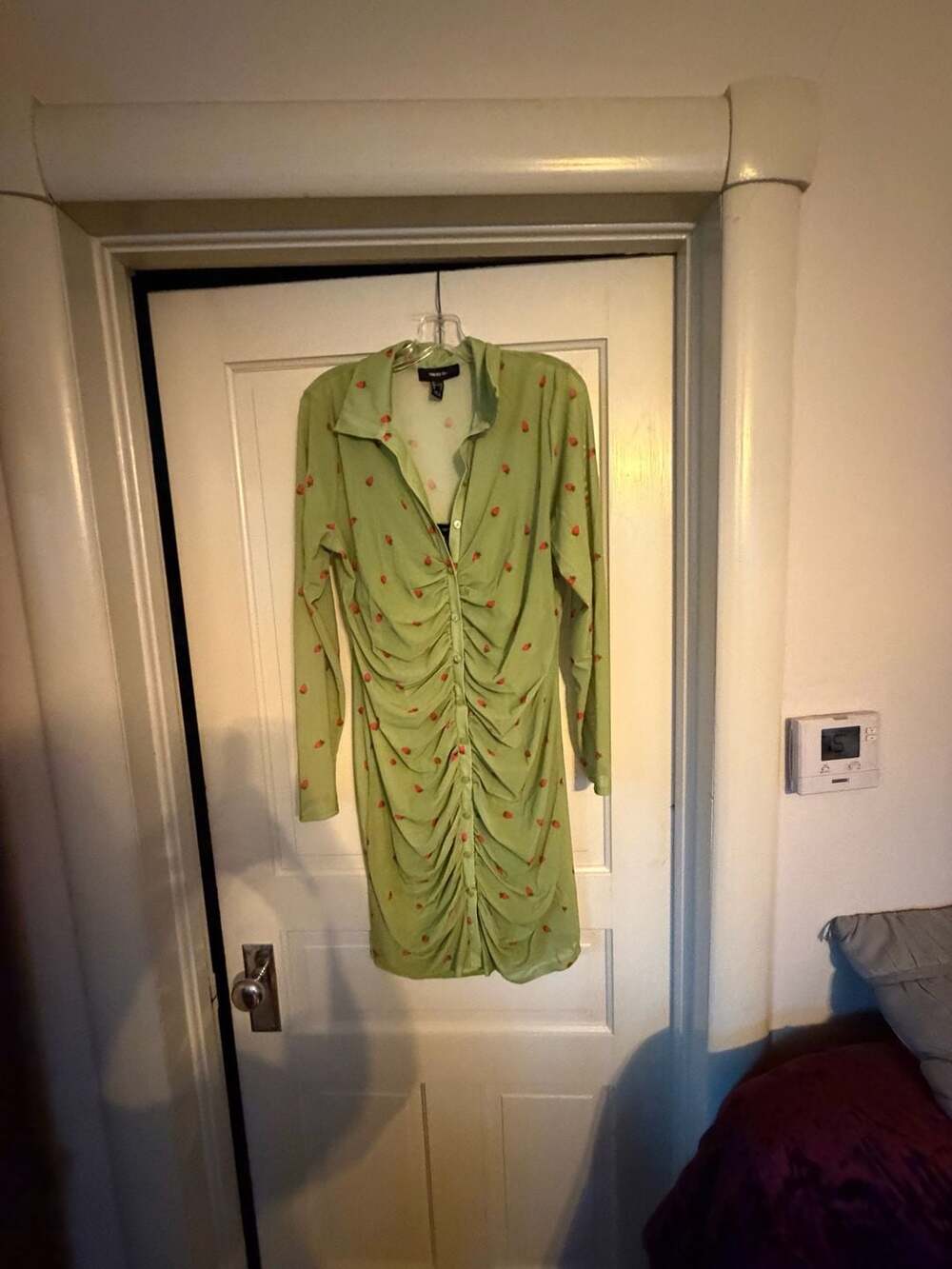 Forever 21+ Green Strawberry Print Ruched Front Mesh Long Sleeve Mini Dress Size
